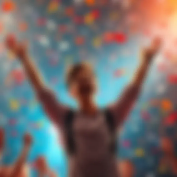 A person joyfully celebrating after reaching a significant goal with raised arms and a big smile, surrounded by confetti.