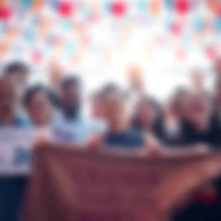 A diverse group of people smiling and expressing thanks, holding banners supporting Cronos, with a bright and festive background.