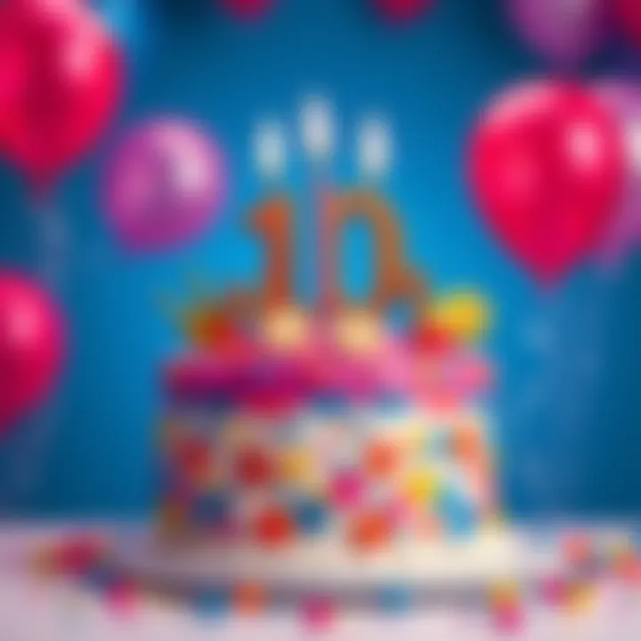 A colorful birthday cake decorated with cryptocurrency symbols and balloons, celebrating the 10th anniversary of Nano.