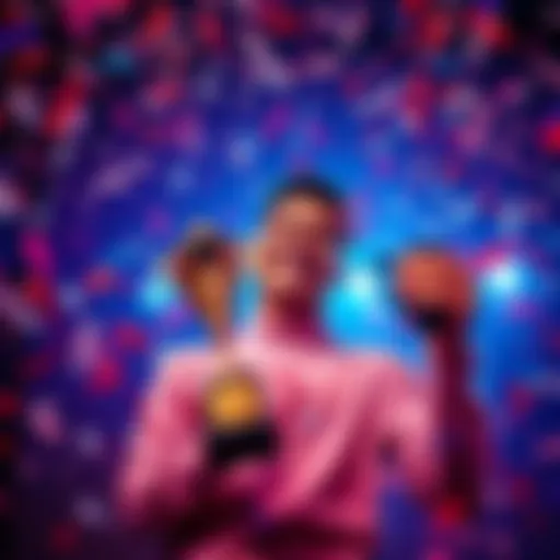 Person joyfully celebrating their achievement of 11th place, surrounded by confetti and holding a trophy, smiling broadly.