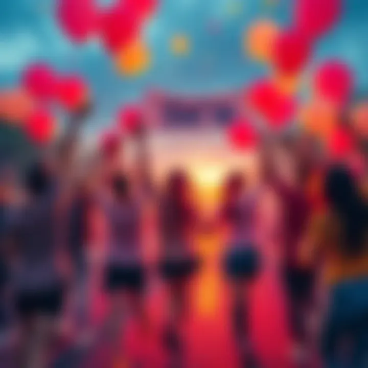 A group of people joyfully celebrating with balloons and banners at a 5K event.