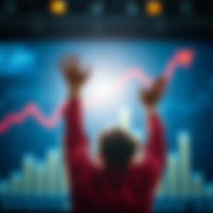 A person joyfully raises their hands in celebration of a significant milestone, with a blurred background of a chart showing upward trends.