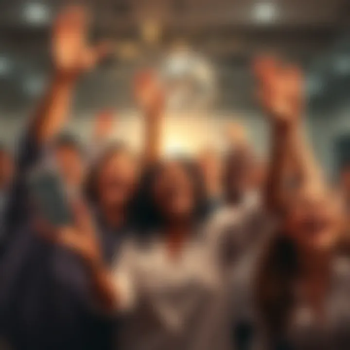 A diverse group of people joyfully celebrating a major breakthrough, with smiles and excitement in the air.