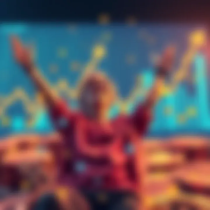 A person joyfully celebrating after reaching a financial milestone, surrounded by symbols of cryptocurrency like Kaspa, with charts showing upward trends in the background.