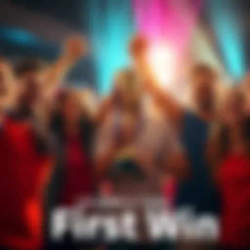 A group of friends cheering and celebrating together after a person wins for the first time. They are holding a trophy and smiling happily.