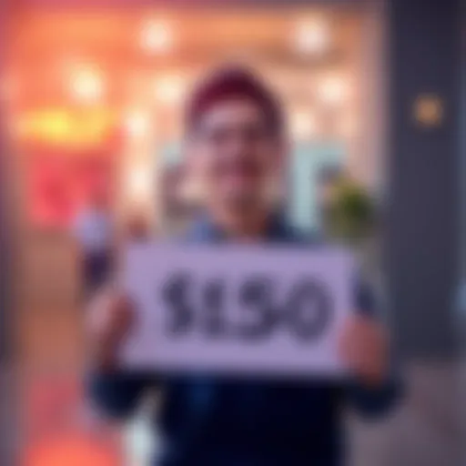 A person smiles while holding a sign that says $150, symbolizing their first investment target achieved.