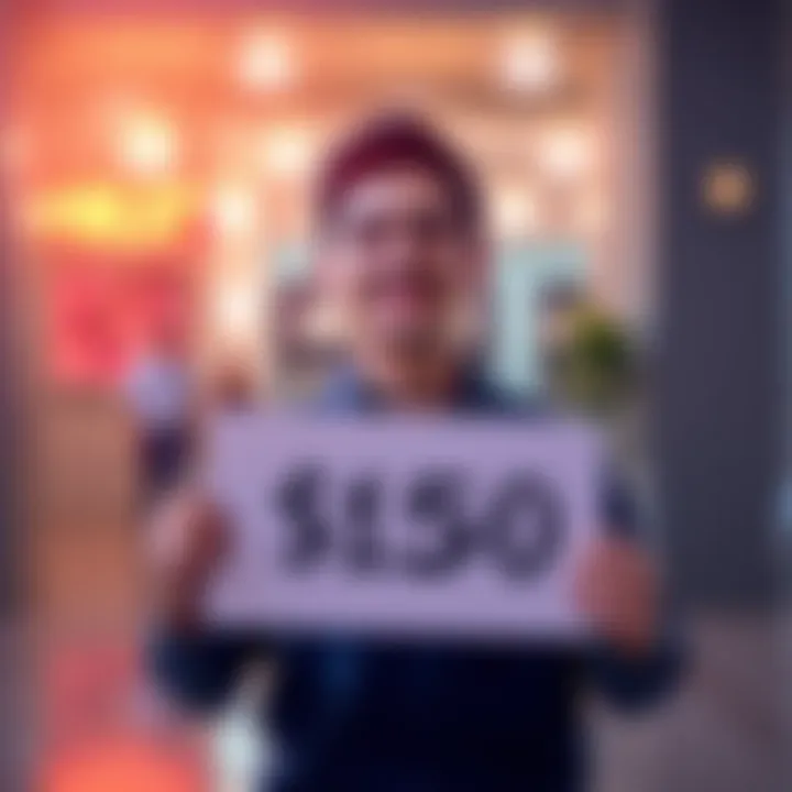 A person smiles while holding a sign that says $150, symbolizing their first investment target achieved.