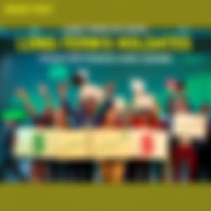 A group of happy people celebrating their financial success, holding signs of appreciation for long-term investing, surrounded by positive charts and graphs representing market growth.