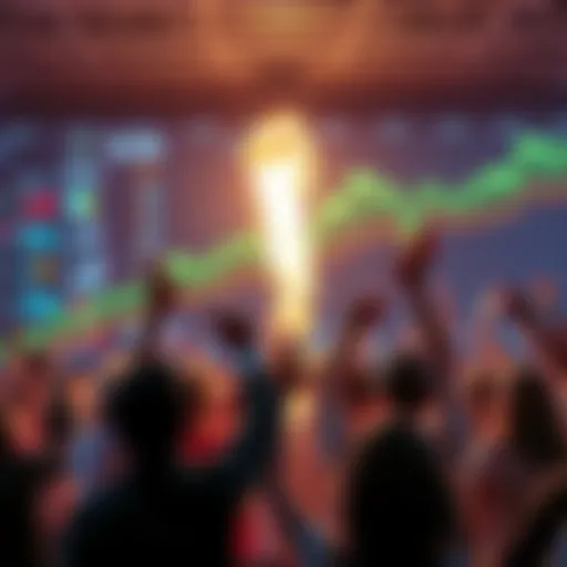 People cheering as they approach a significant financial achievement, with charts showing growth in the background.
