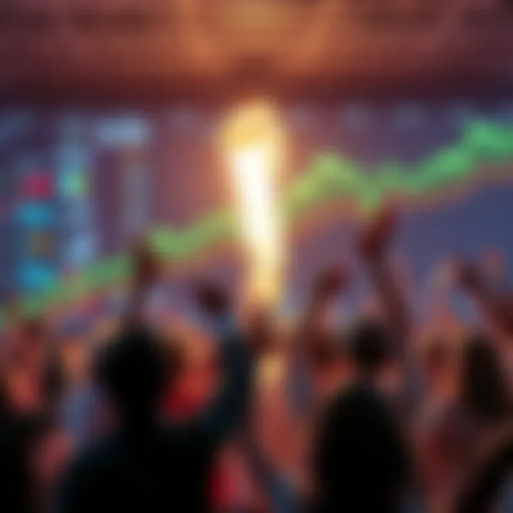 People cheering as they approach a significant financial achievement, with charts showing growth in the background.