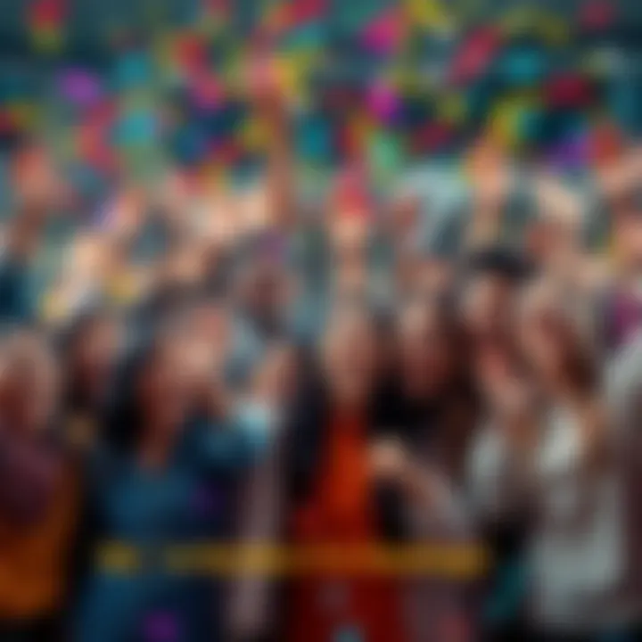 A group of diverse people celebrating their achievement with confetti and smiles, showcasing community spirit.