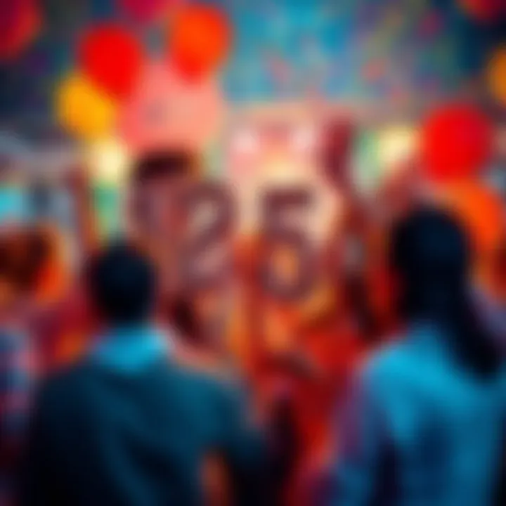 A colorful celebration scene with people enjoying and sharing funny memes, balloons and confetti in the background.