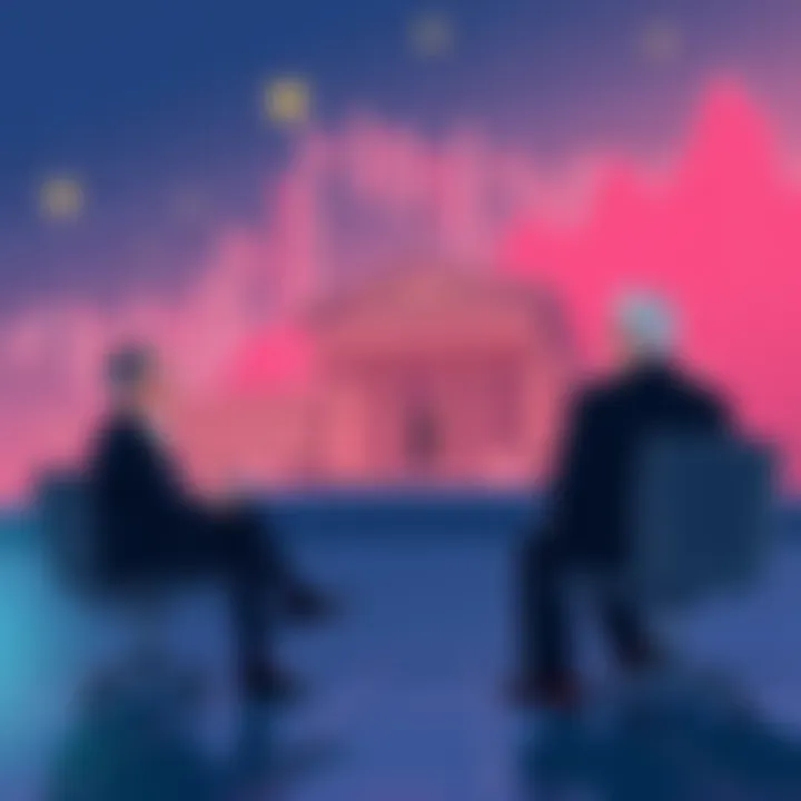 An illustration showing central bank officials discussing stablecoins with a downward trend graph in the background.