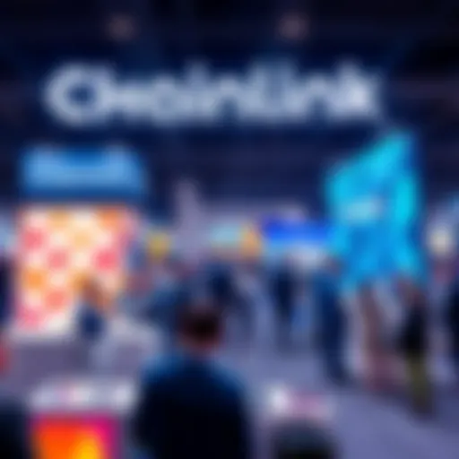 A lively scene at Sibos 2025 featuring Chainlink's booth with people engaging and discussing announcements, including the DTA.