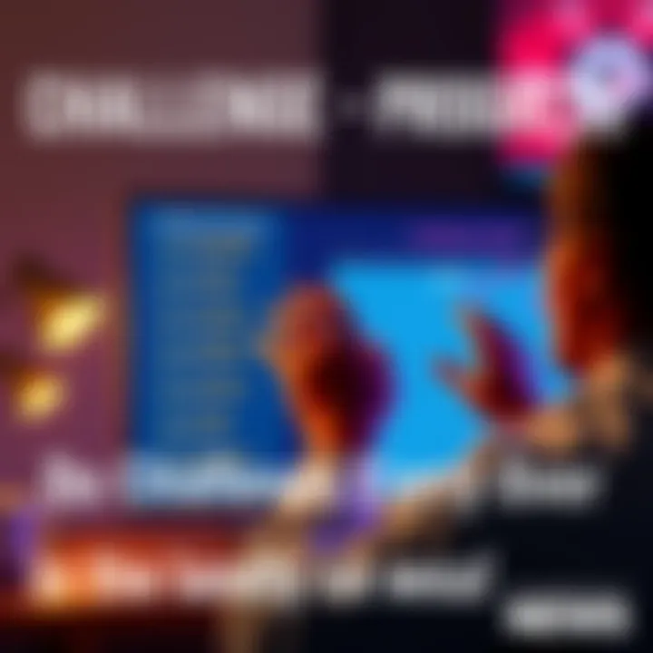 A person excitedly reviewing their challenge progress on a digital screen with a checklist and a calendar in the background.