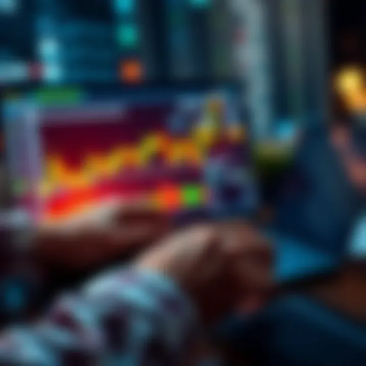 A person analyzing stock trends on a laptop with financial charts on the screen.