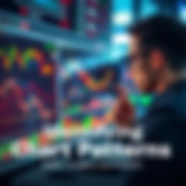 A trader analyzing various chart patterns on a digital screen with market data and graphs visible.