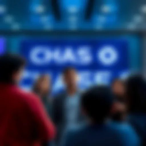 A group of concerned customers discussing their accounts with the Chase Bank logo in the background