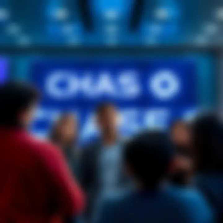 A group of concerned customers discussing their accounts with the Chase Bank logo in the background