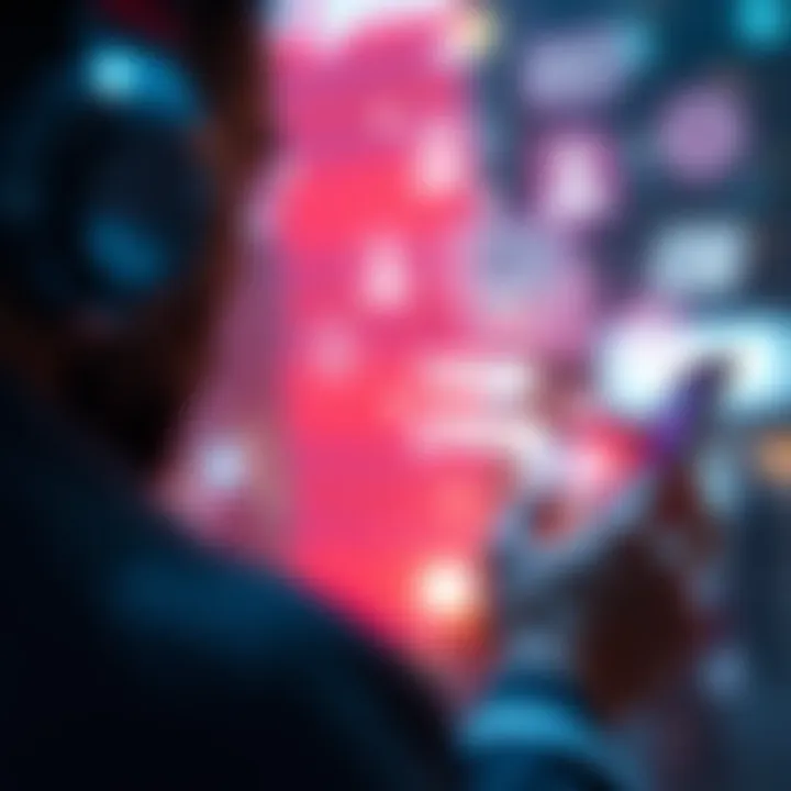A person using a futuristic chat app on a smartphone, with holographic communication icons around them, illustrating modern chat technology.