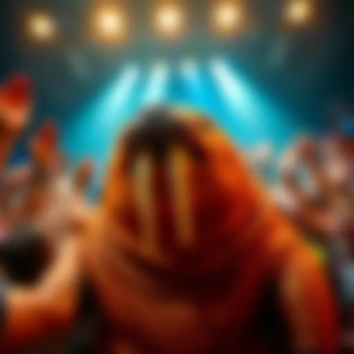 A colorful and playful cheeseburgerwalrus with a big smile, surrounded by excited fans and bright lights, set to entertain the crowd in 2025.