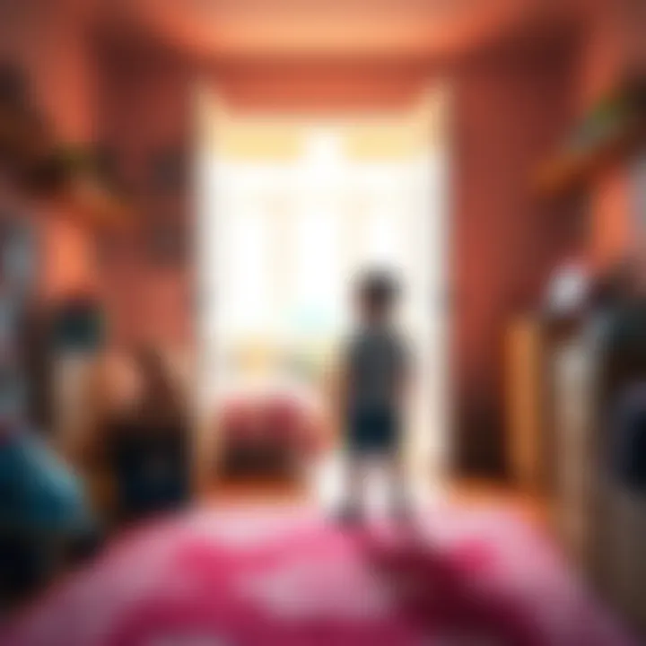 A child looks into a warmly lit bedroom filled with toys and family photos, representing a sense of home and connection.