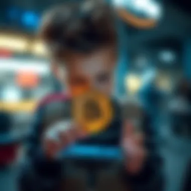 A child holding a Bitcoin while looking at a smartphone with crypto graphics on the screen.
