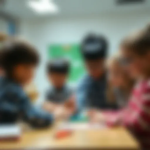 A group of children engaged in a hands-on activity, learning teamwork and respect, with a teacher guiding them in a bright classroom setting.