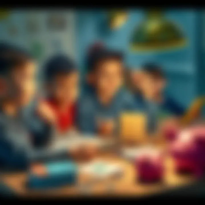A group of kids sitting at a table with coins, piggy banks, and books about money management, engaged in learning about finances.