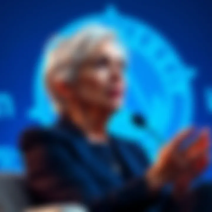 Christine Lagarde at a conference, speaking about cryptocurrency regulation with Monero in the background