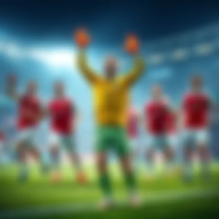 A soccer goalkeeper celebrating a clean sheet after a match, surrounded by teammates in a joyful scene.