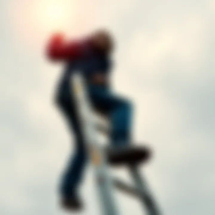 A person successfully climbing a ladder with focus and determination, demonstrating technique and balance