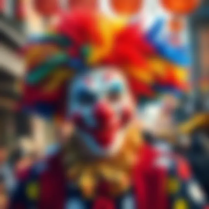 A clown wearing a bright colorful wig and a big red nose, performing at a lively street festival