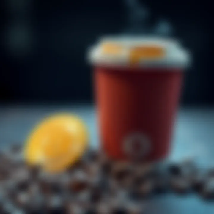A coffee cup with the Bitcoin logo next to coffee beans, symbolizing a coffee company's adoption of cryptocurrency.