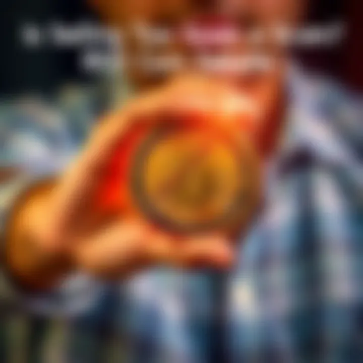 A person holding a coin that shows a downward trend followed by an upward spike, symbolizing investment highs and lows.