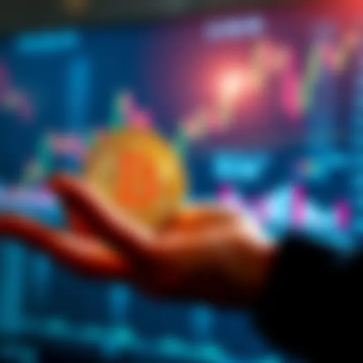 A person holding a physical coin in one hand while pointing to a digital graph on a screen with the other hand, showing appreciation for the coin's potential.