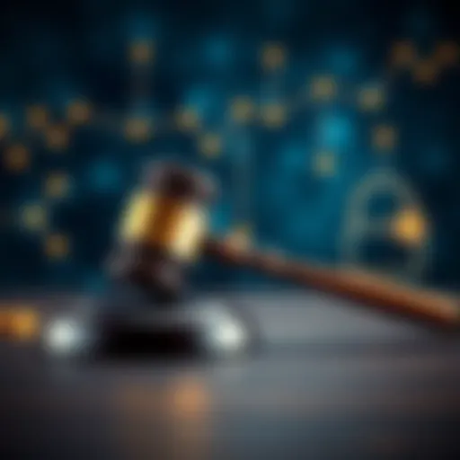 A gavel symbolizing legal action over Coinbase's data breaches, with a background reflecting concern for customer security.