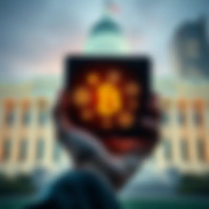 A visual of a person holding a cold wallet with cryptocurrency symbols, against a backdrop of the IRS building, illustrating the scrutiny on Coinbase accounts.