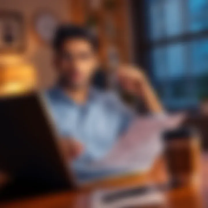 A person looks concerned while reviewing online articles about Coinbase allegations, with a laptop and coffee cup on the table.