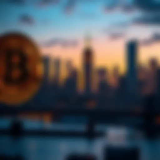 A representation of cryptocurrency being donated to low-income residents in New York City, featuring digital coins and the skyline of NYC in the background.