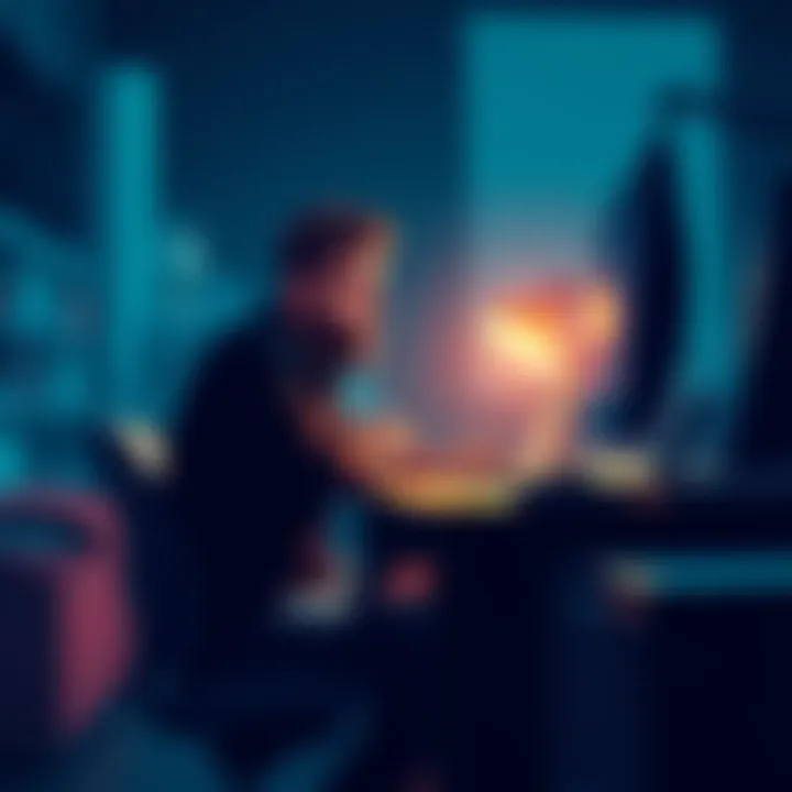 A frustrated Coinbase customer sitting at a desk, looking at a computer screen with a worried expression, symbolizing issues with funds and support