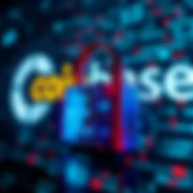 Coinbase Data Breach A digital representation of a security breach, showing a broken lock and exposed personal data with a backdrop of a crypto exchange logo.