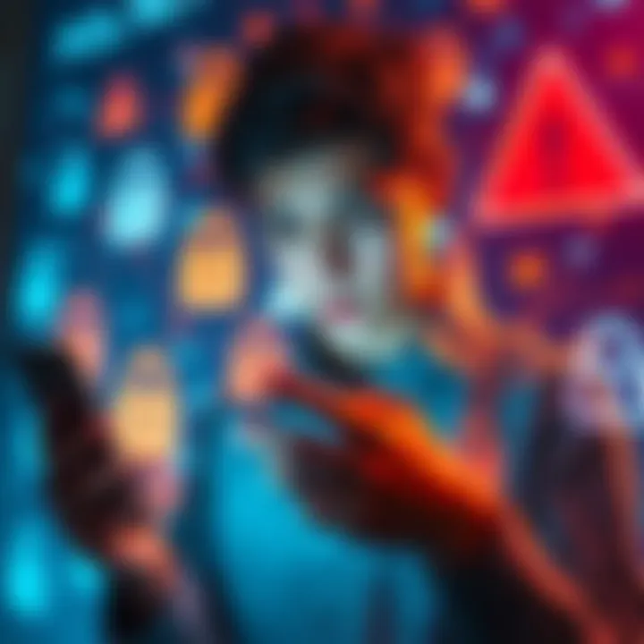 A person looking worried while checking their phone, surrounded by digital locks and warning signs, representing safety issues due to data leaks.