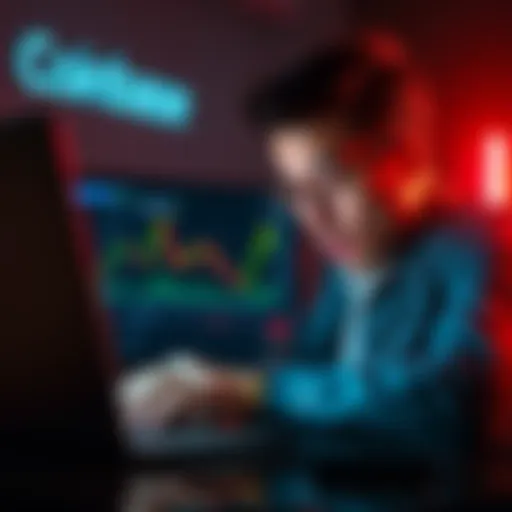 A trader looks shocked while viewing a trading chart on a laptop, showing a drastic drop from $20,000 to $4, with a Coinbase logo in the background.