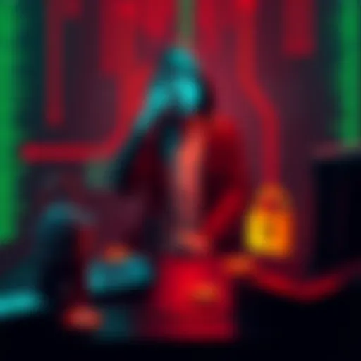 A digital representation of hackers demanding a ransom from Coinbase, showcasing an ominous figure with a computer, symbols of money, and a lock to signify security threats.