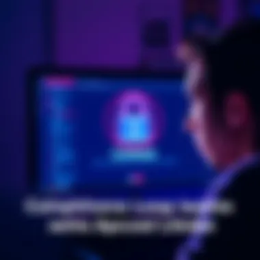 Frustrated person looking at a computer screen with a locked Coinbase account icon, showing confusion and distress