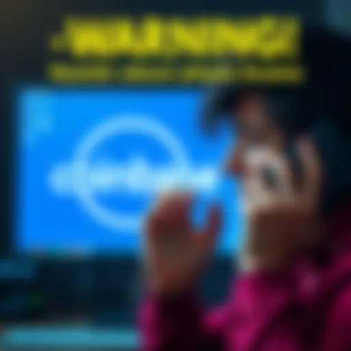 A person looking worried while holding a phone, with a computer screen showing a Coinbase logo in the background