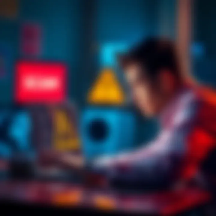 A worried person looking at their laptop with warning signs about online scams on the screen