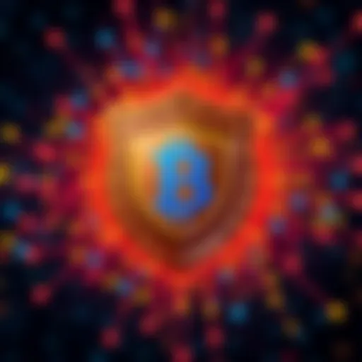 A digital shield representing online security with a background of cryptocurrency symbols