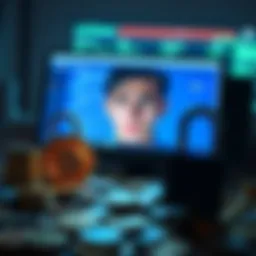 A frustrated user looking at a computer screen displaying Coinbase issues, with a worried expression, surrounded by scattered coins and a locked padlock symbolizing account access problems.